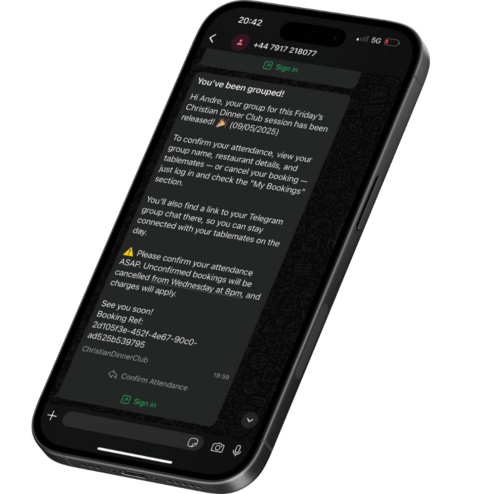 WhatsApp confirmation message from 50pluscircle